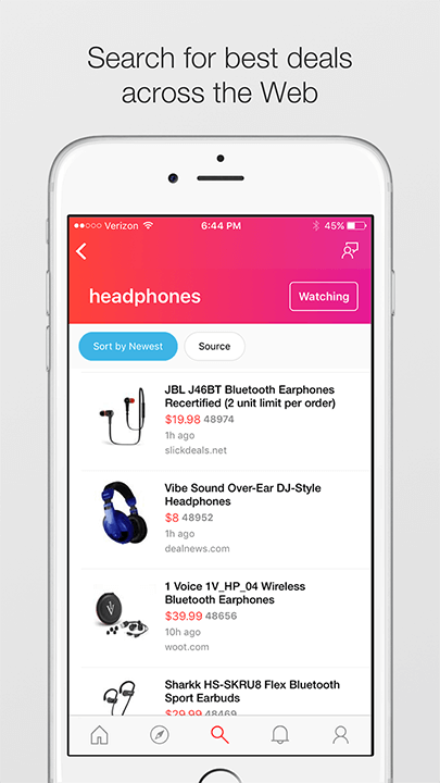 Screenshot of headphones for sale with the text: Search for best deals across the Web