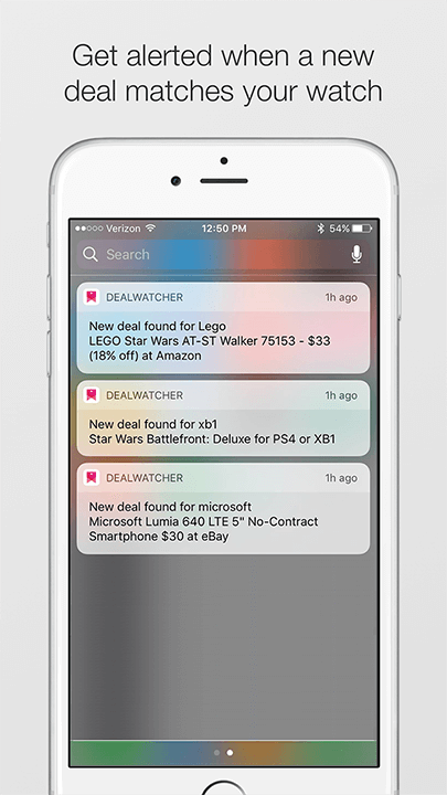 Screenshot of Deal Watcher notifications with the text: Get alerted when a new deal matches your watch