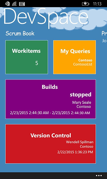 Screenshot of DevSpace Scrum Book, a summary screens which includes Workitems, My Queries, Builds, and Version Control