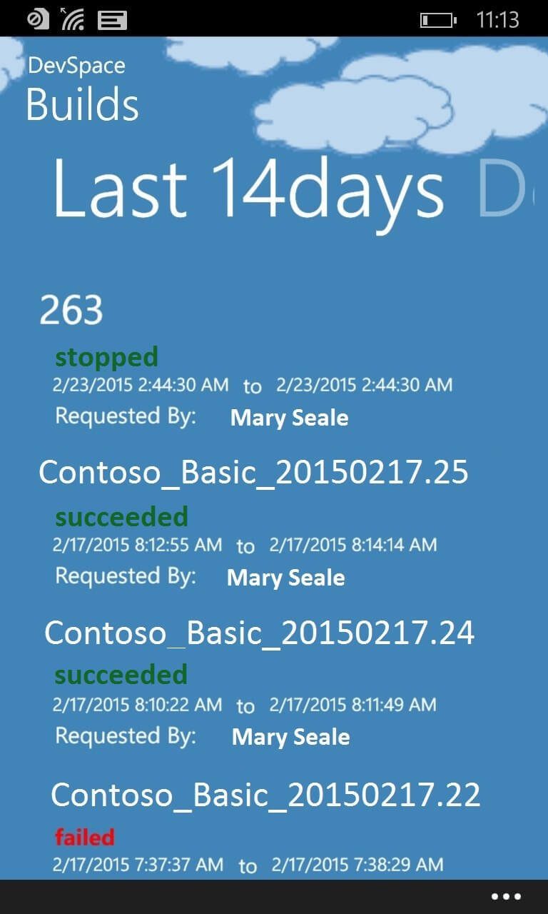 Screenshot of Builds in the last 14 days with summary details: status, dates, and requested by