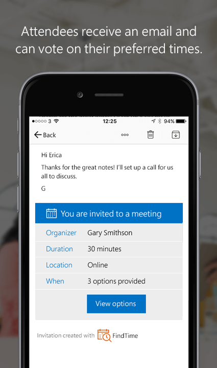 Screenshot of an invite with the text: Attendees receive an email and can vote on their preferred times.