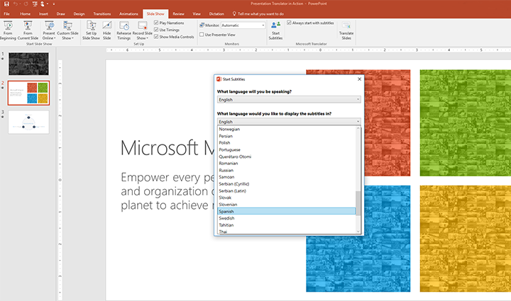 Screenshot of a user selecting a different language in Presentation Translator