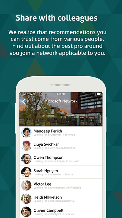 Screenshot of app with text: Share with colleagues. Find out about the best pro around you, join a network applicable to you