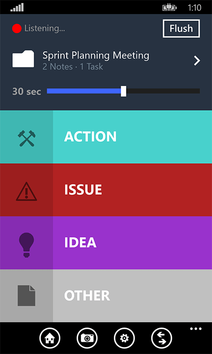 Screenshot of meeting with a list categories: Action, Issue, Idea, Other