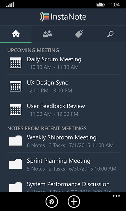 Screenshot of summary screen showing a list of upcoming meetings and a list of Notes from Recent Meetings