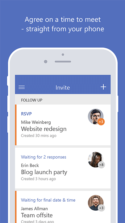 Screenshot of Invite app with text: Agree on a time to meeting - straight from your phone