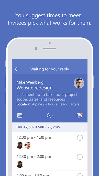 Screenshot with text: You suggest times to meet. Invitees pick what works for them.