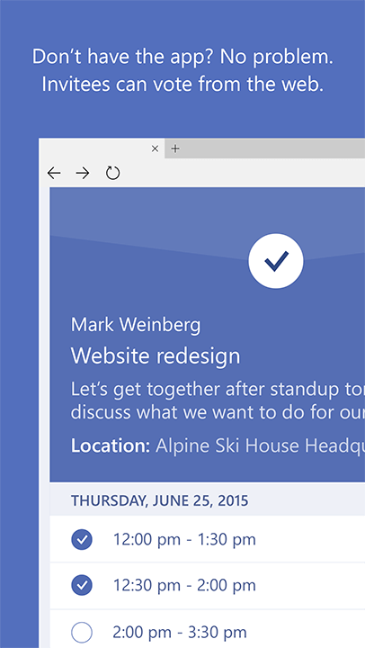 Screenshot with text: Don't have the app? No problem. Invitees can vote from the web.