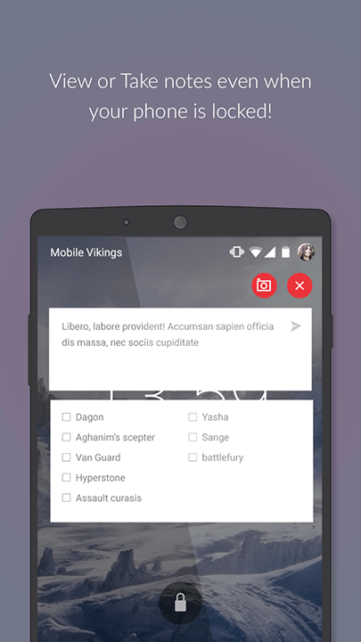 Screenshot of app with text: View or Take notes even when your phone is locked!