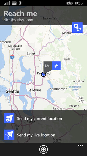 Reach me app screenshot of map with Send my current location and Send my live location options