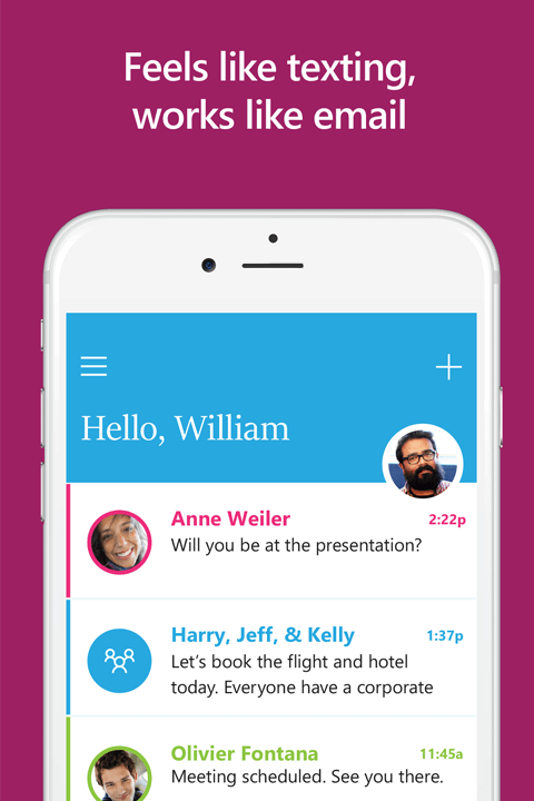 Screenshot of app with text: Feels like texting, works like email