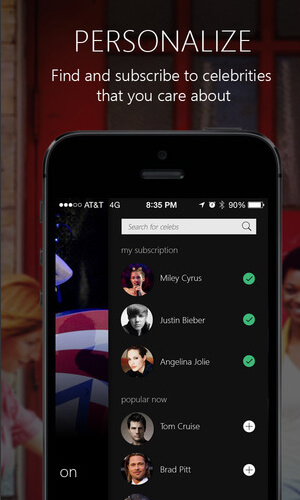 Screenshot of a list of celebrities and the text: Personalize find and subscribe to celebrities that you care about