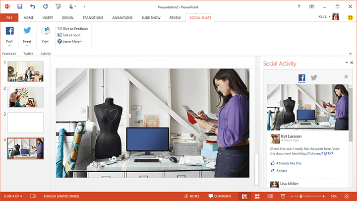Screenshot of PowerPoint with the Social Share option appearing in the toolbar