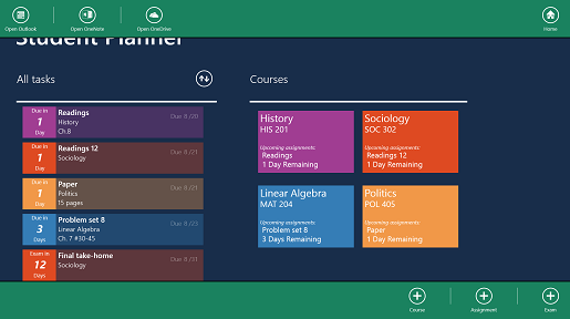 Screenshot of Student Planner tasks and courses options