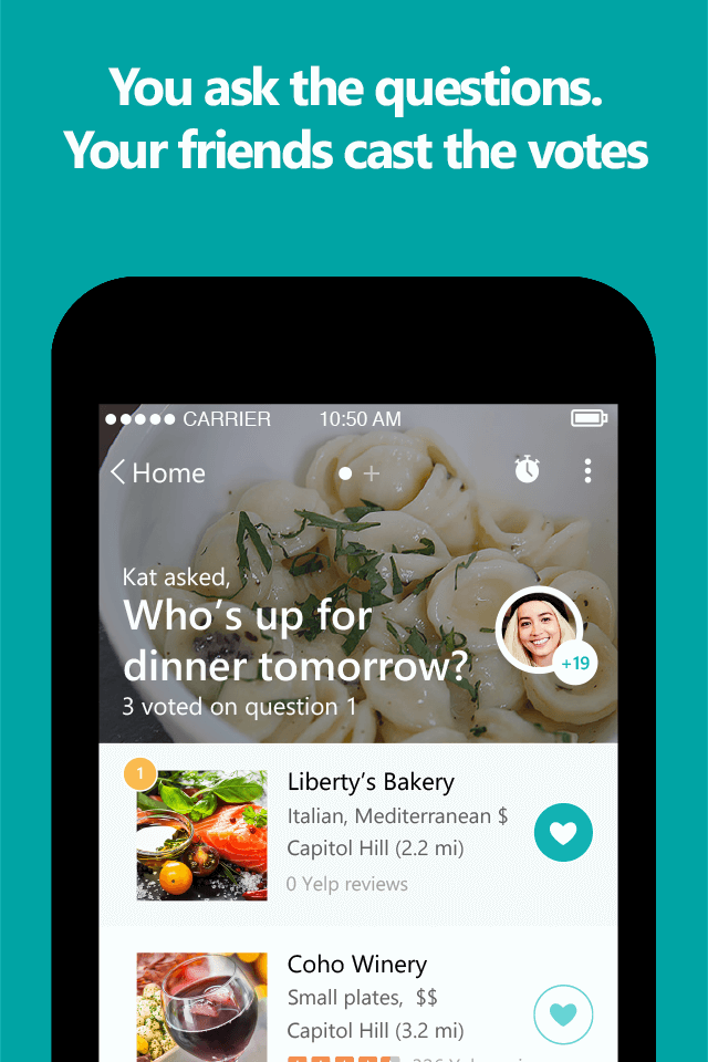 Screenshot of app with text: You ask the questions. Your friends cast the votes.