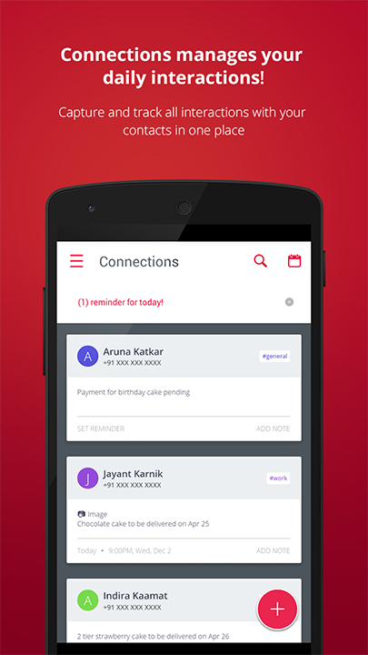 App screenshot with text: Connections manages your daily interactions