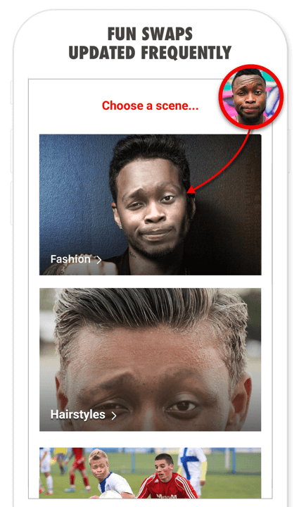Screenshot of photo options with text: Fun swaps updated frequently