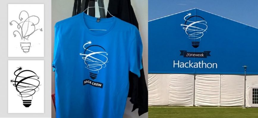 Hackathon logo and variation. Hackathon logo on t-shirt and building