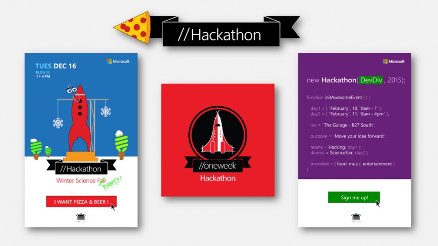 Four hackathon posters are displayed
