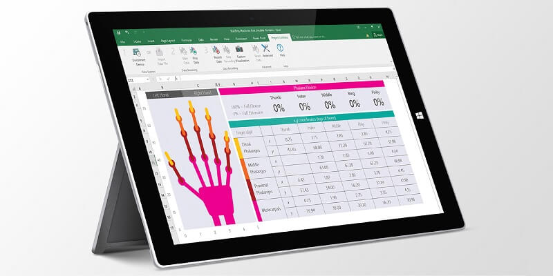 screenshot of a surface computer with a excel spreadsheet depicting a hand and a chart