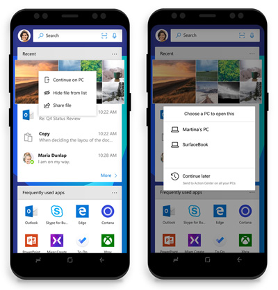 Two views of Microsoft Launcher in use on smart phones