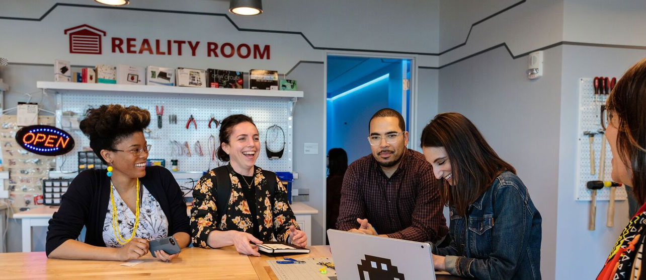 A group of people laughing