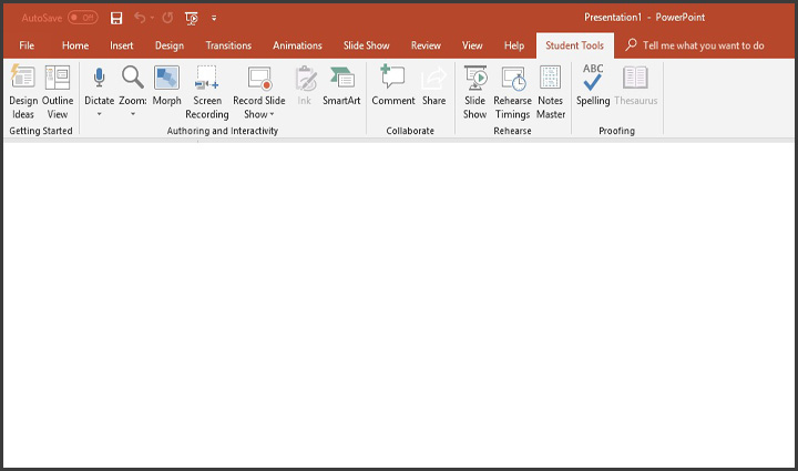 Student Tools ribbon on Power Point