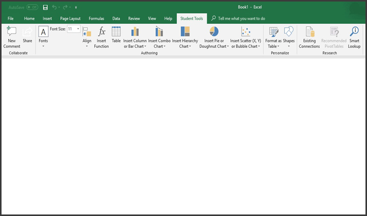 Student Tools ribbon on Excel