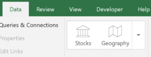 Microsoft Excel ribbon showing data queries and connections options for stocks and geography