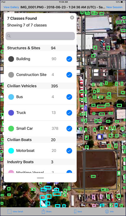 Earth Lens running on an iPad showcasing the ability to count the number of objects idtentified in an arial image and filter them by object type.