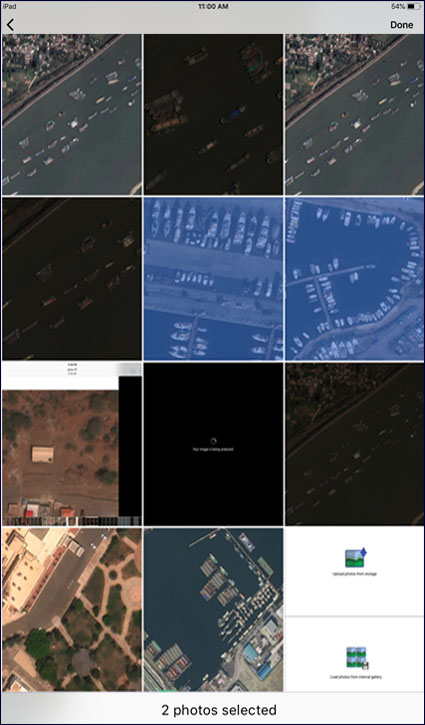 Selecting multiple arial images from a gallery to upload for scanning by Earth Lens.