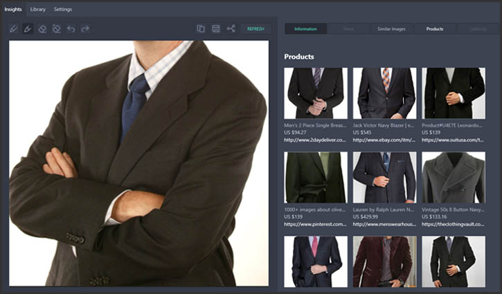 Screenshot depicting Snip Insights pulling similar sports coats based on a snipped image.