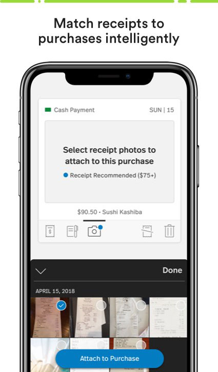 Spend running on a mobile phone. Text: Match receipts to purchase intelligently.