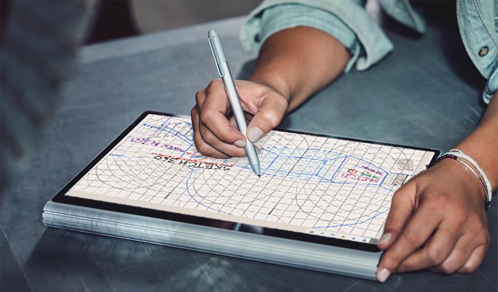 Sketch 360 running on a Surface laptop and person using Surface pen