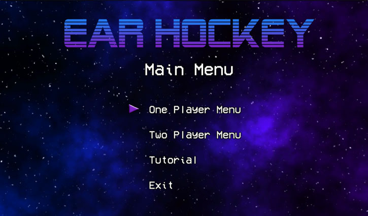 Ear Hockey Main Menu screen: One Player Menu, Two player Menu, Tutorial, Exit.