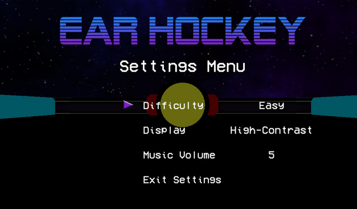 Ear Hockey settings menu: difficulty, display, music, exit settings.