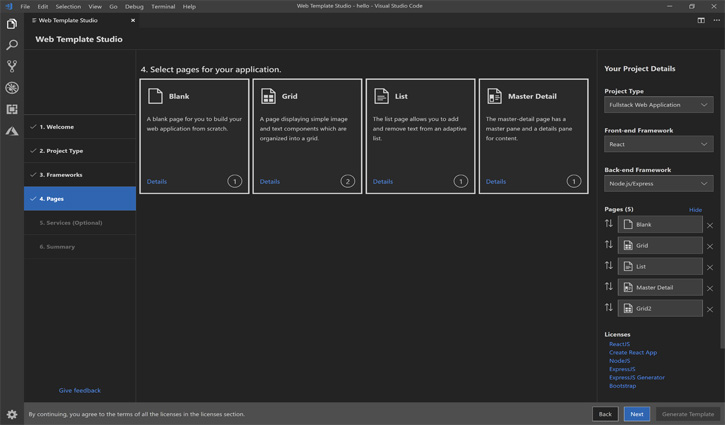 Screenshot of Microsoft Web Template Studio