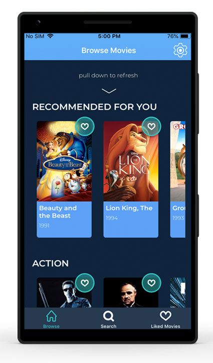 Recommender Engine Example Layout running on a generic phone, showing recommended movies.