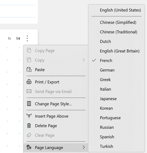 Screenshot example of the Page Language menu of languages 