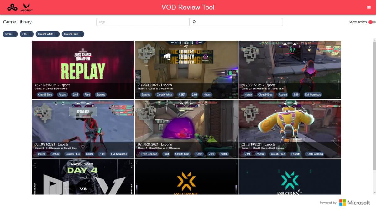 Cloud9 Video Review Tool Game Library page, displays recent uploaded matches ready for review