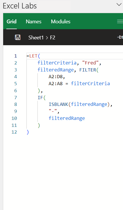 Screenshot of Excel Labs code